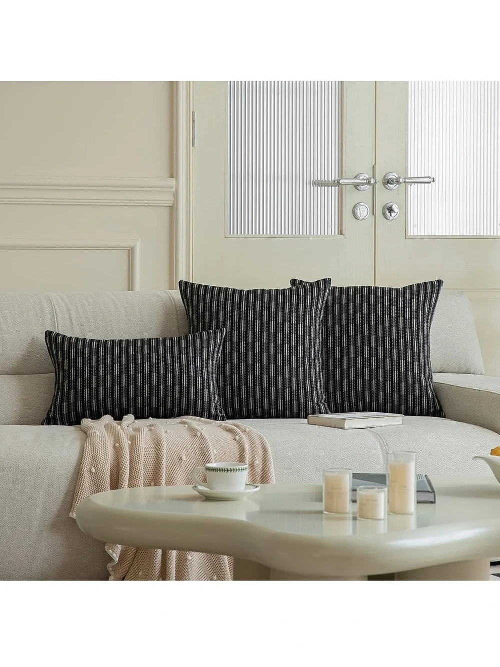 Black Square Pillow Covers Decorative Linen Boho Woven Texture Pillow Covers